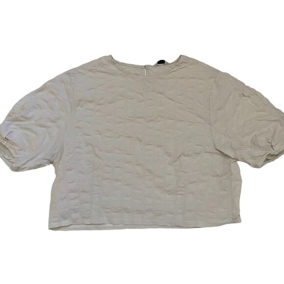 By Min Textured Blouse Taupe Cream Short Sleeve Balloon Elbow Sleeves Sz Small - Picture 5 of 8